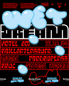 Party Poster for Wet Dream am Brillantengrund in Vienna on 17 October 2024, featuring live DJ set, new collections from BBUC, and special gear from collaborators FAT International and Specialized Bicycles @ Hotel am Brillantengrund