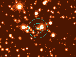 Hubble Space Telescope image of the star lensed by an isolated black hole in 2001 (central circle). It sits in a crowded field of stars near the galactic center, chosen to maximize being able to see a gravitational lensing event. Photo: Sahu et al. 2022